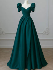 Vestido de fiesta de satén verde con mangas cortas y corte A hasta el suelo 