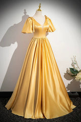 A-line Yellow Satin V-neckline Long Prom Dress