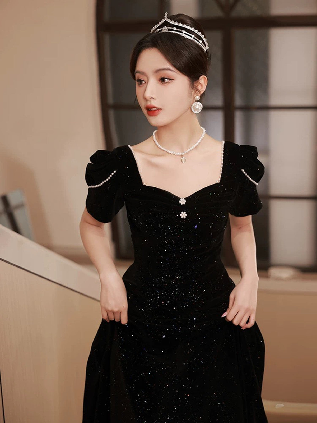 A-Line Black Short Sleeves Velvet Long Party Dress