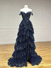 Vestido de fiesta azul marino de tul con capas y apliques de encaje, corte A 