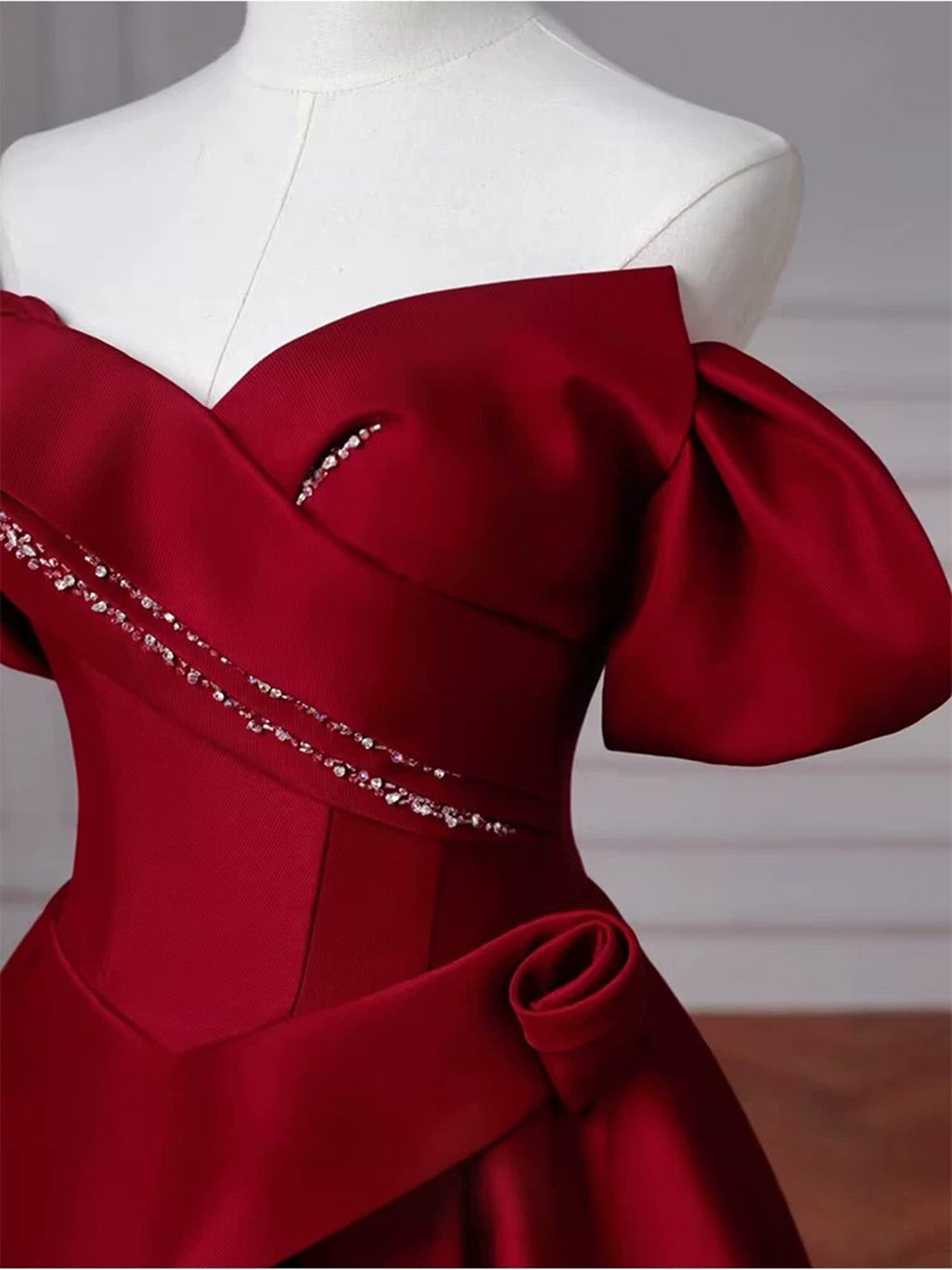 Wine Red Long Off Shoulder Beaded A-line Prom Dress