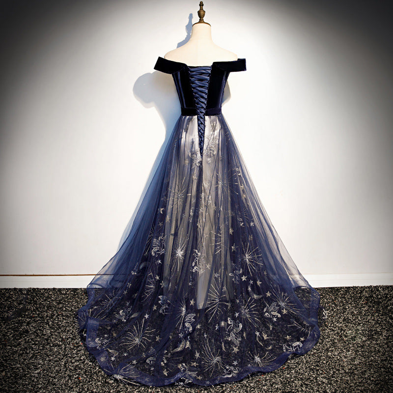 Navy Blue Tulle Off Shoulder Velvet Top Long Party Dress