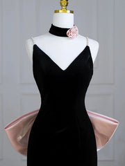 Black Velvet Mermaid Straps Lace-up Formal Dress with Bow