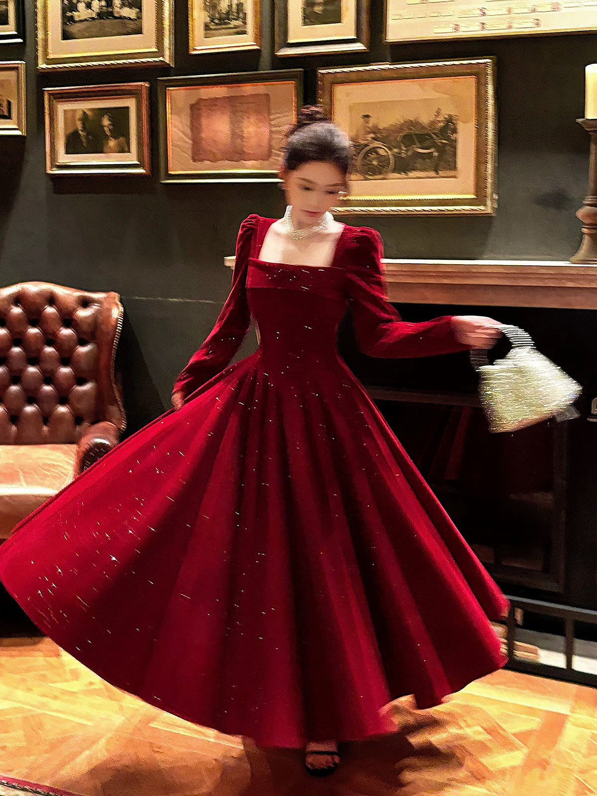 Wine Red Long Sleeves Velvet A-line Formal Dress