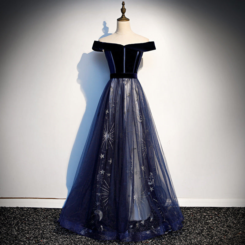 Navy Blue Tulle Off Shoulder Velvet Top Long Party Dress