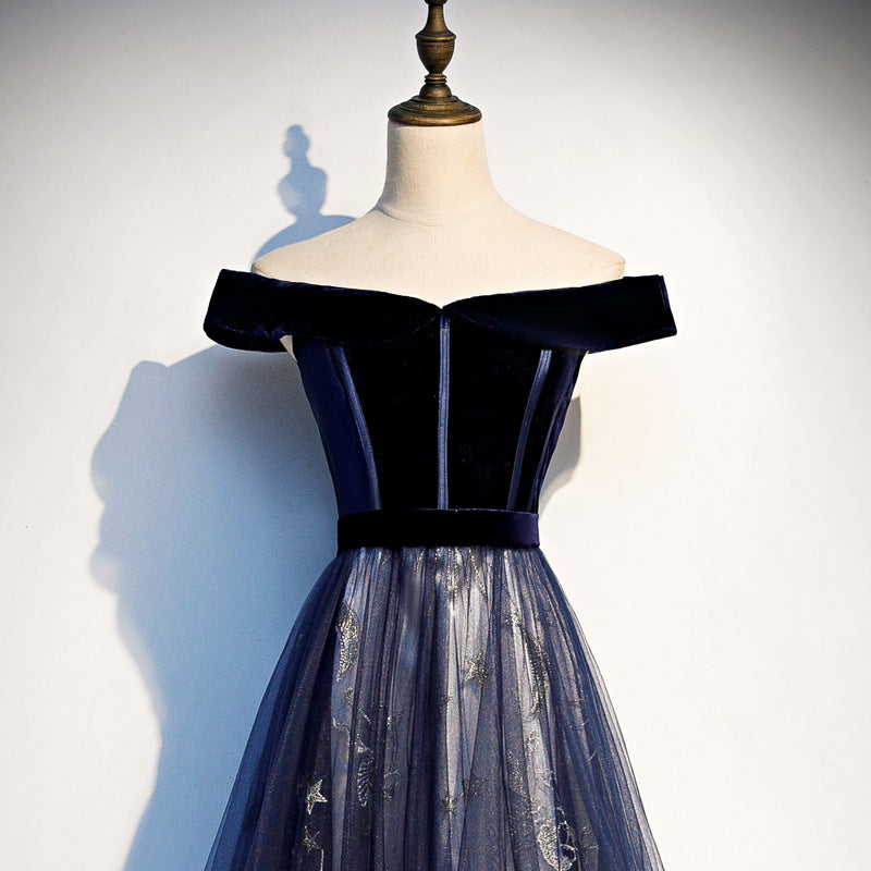 Navy Blue Tulle Off Shoulder Velvet Top Long Party Dress