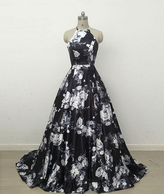 Black Floral Halter Ball Gown Party Dress