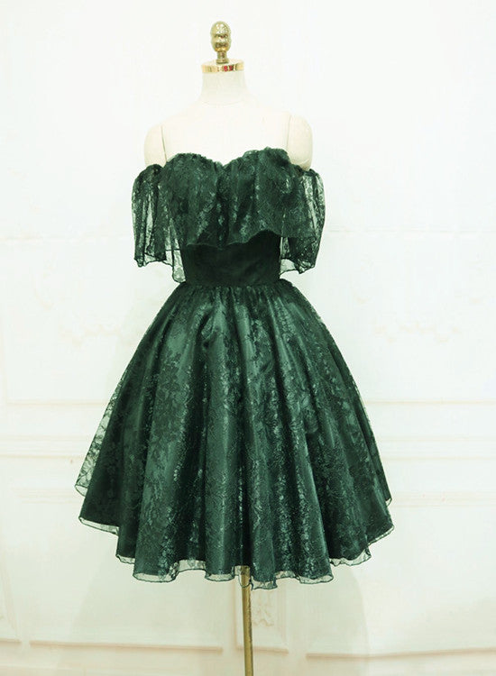 Hermoso vestido de fiesta corto con hombros descubiertos y encaje verde oscuro 