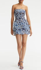 Ebbe Strapless Blue Floral Embroidered Mini Dress