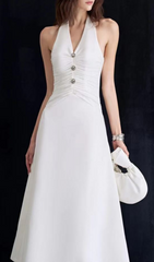 Genica Elegant White Halter Midi Dress
