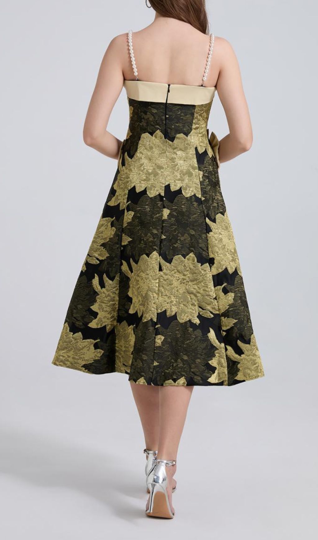 Faylinn Elegant Golden Floral Brocade Midi Dress with Pearl & Bow Details