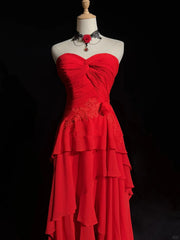 Red Chiffon High Low Layers Party Dress with Lace Applique