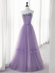 Vestido de fiesta morado claro de tul con flores en forma de A 