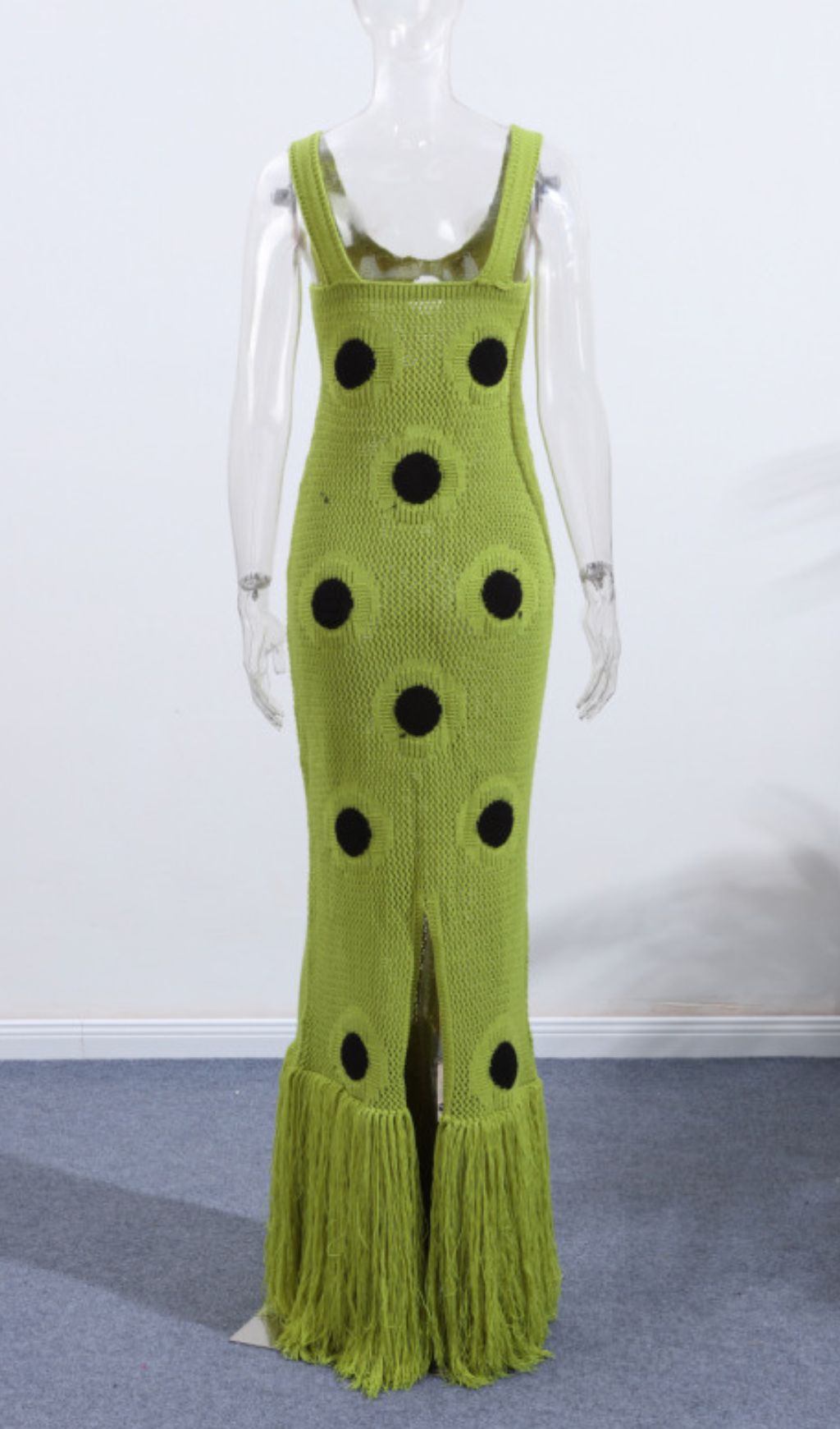 Gaelion Vibrant Green Polka Dot Fringe Knitted Midi Dress