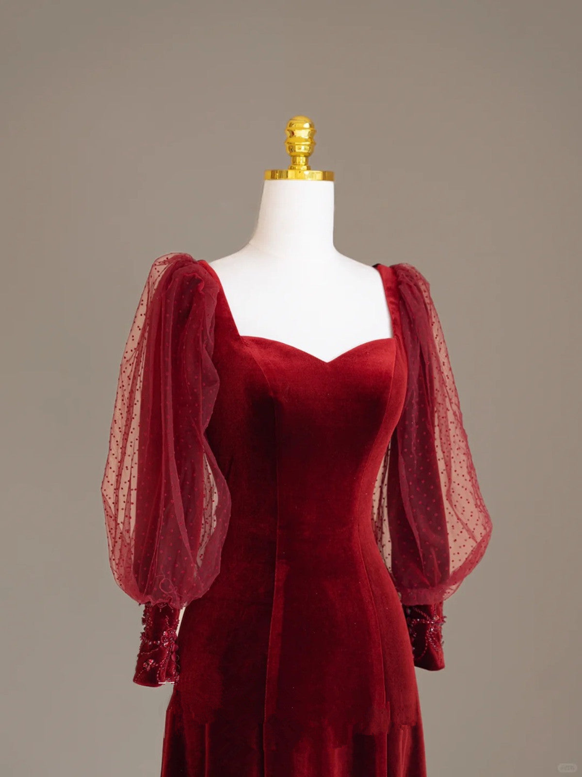 Wine Red Velvet Long Puffy Sleeves Prom Dress