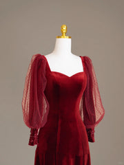 Wine Red Velvet Long Puffy Sleeves Prom Dress