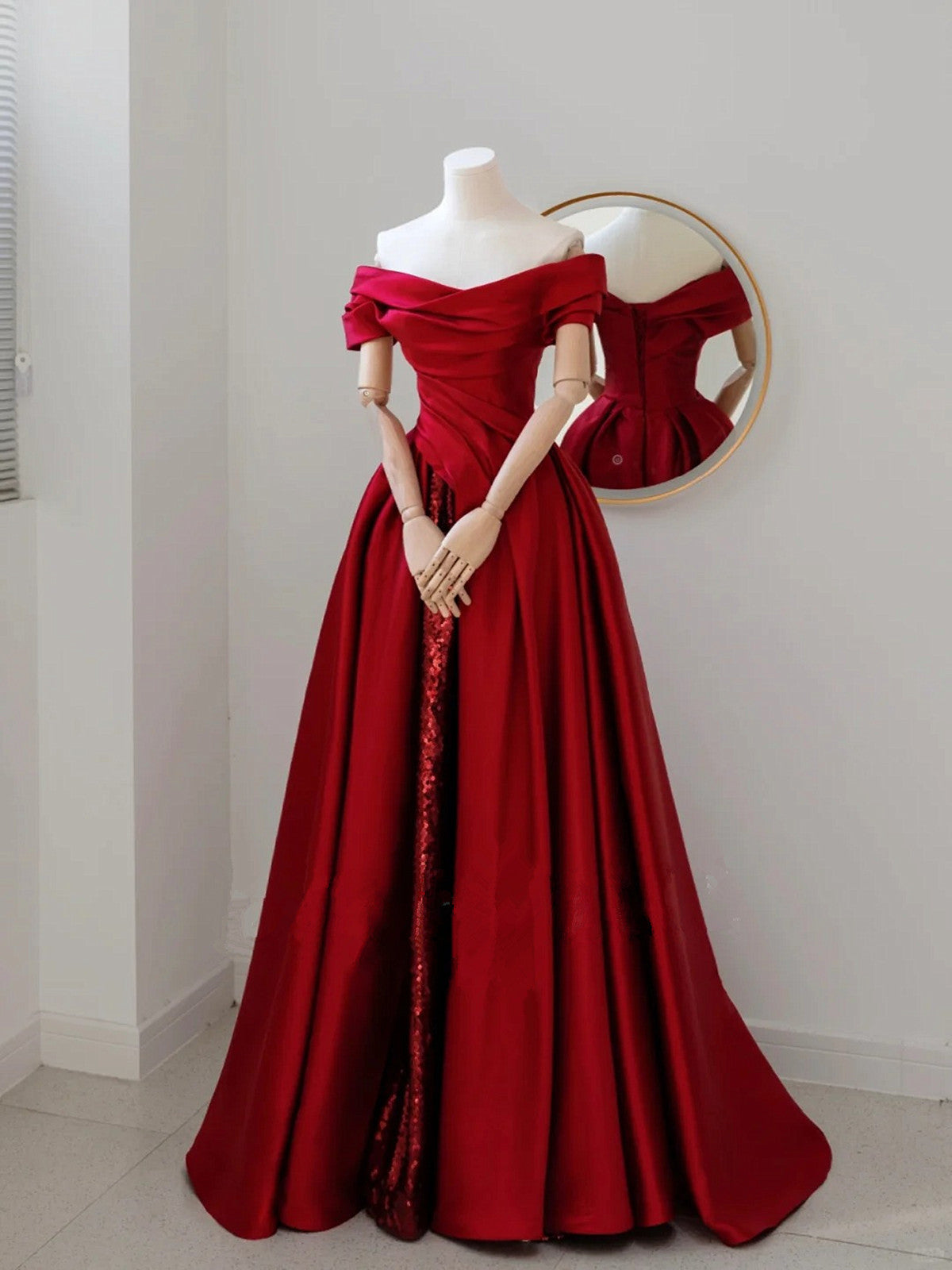 Wine Red Satin and Sequins Long Prom Dress