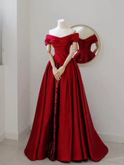 Wine Red Satin and Sequins Long Prom Dress