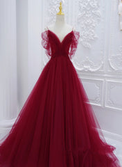 Vestido de fiesta largo de tul rojo vino con escote en V 
