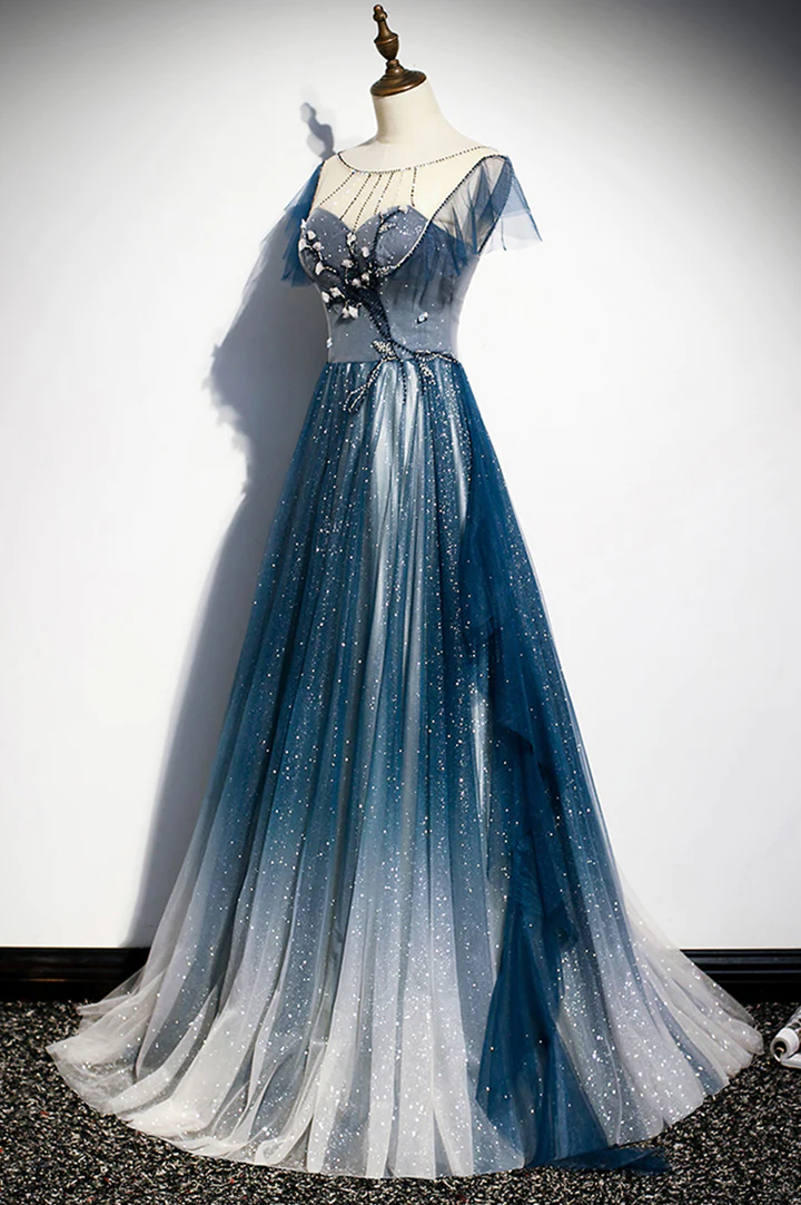 Vestido de fiesta largo de tul azul con cuentas y corte A 