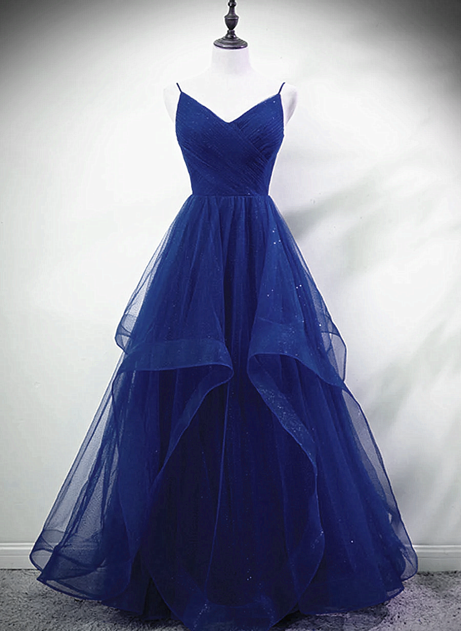 Blue A-line Straps Tulle Layers Long Party Dress