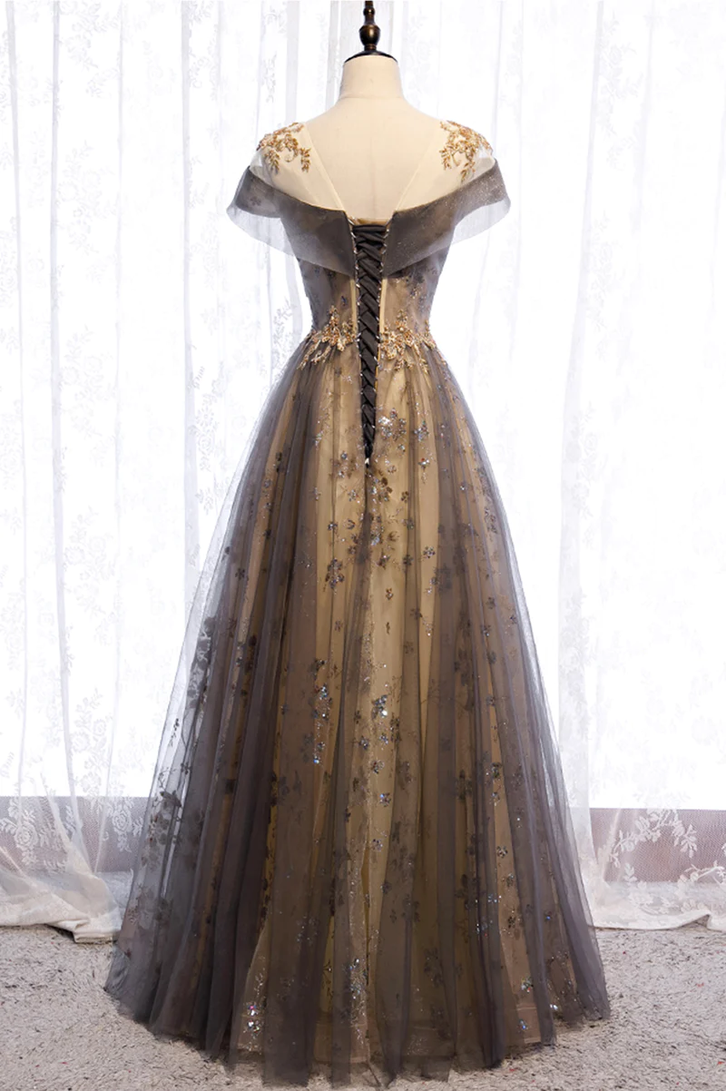 Grey A-line Tulle and Lace Long Prom Dress