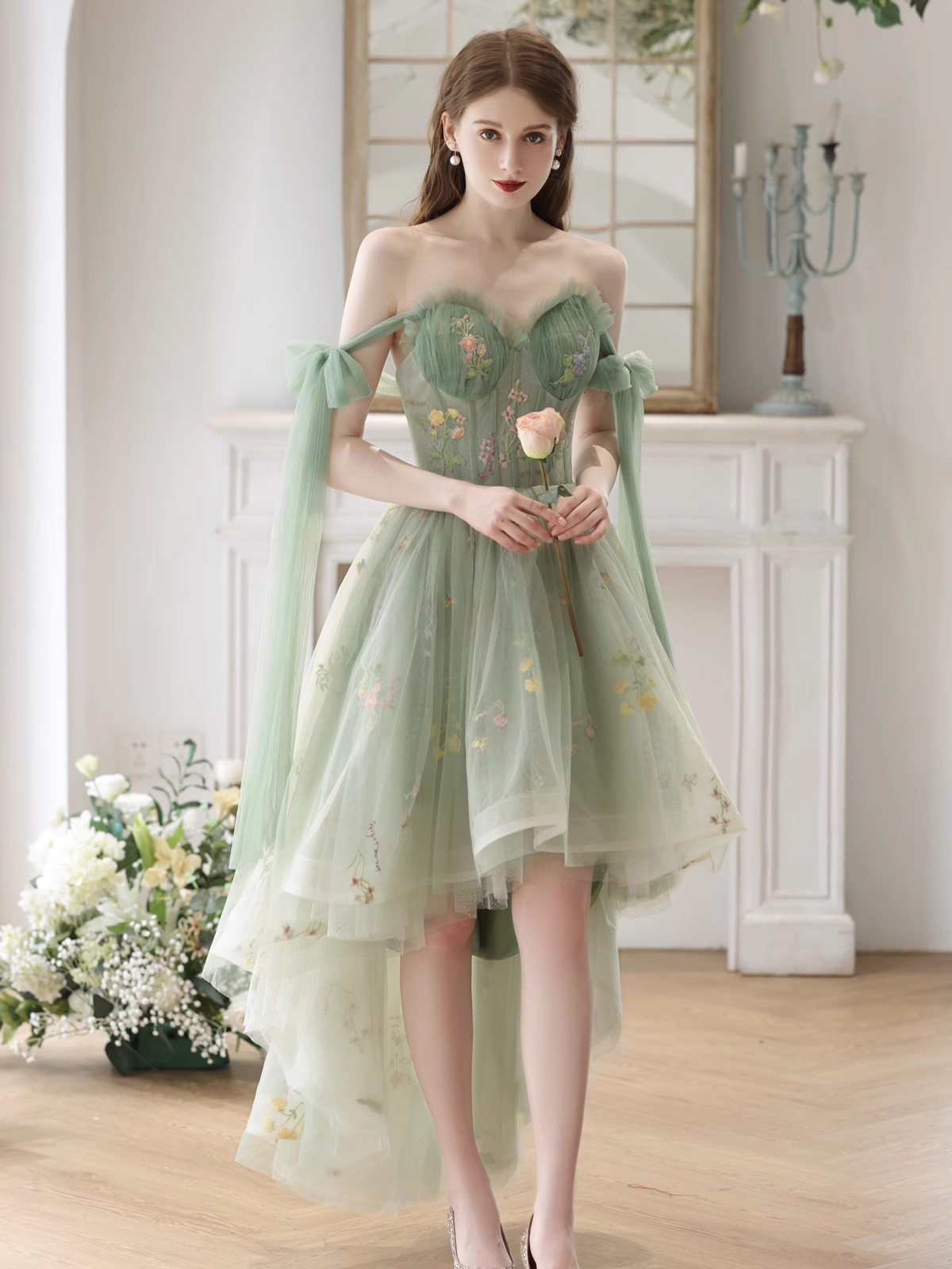 Light Green High Low Floral Tulle Formal Dress