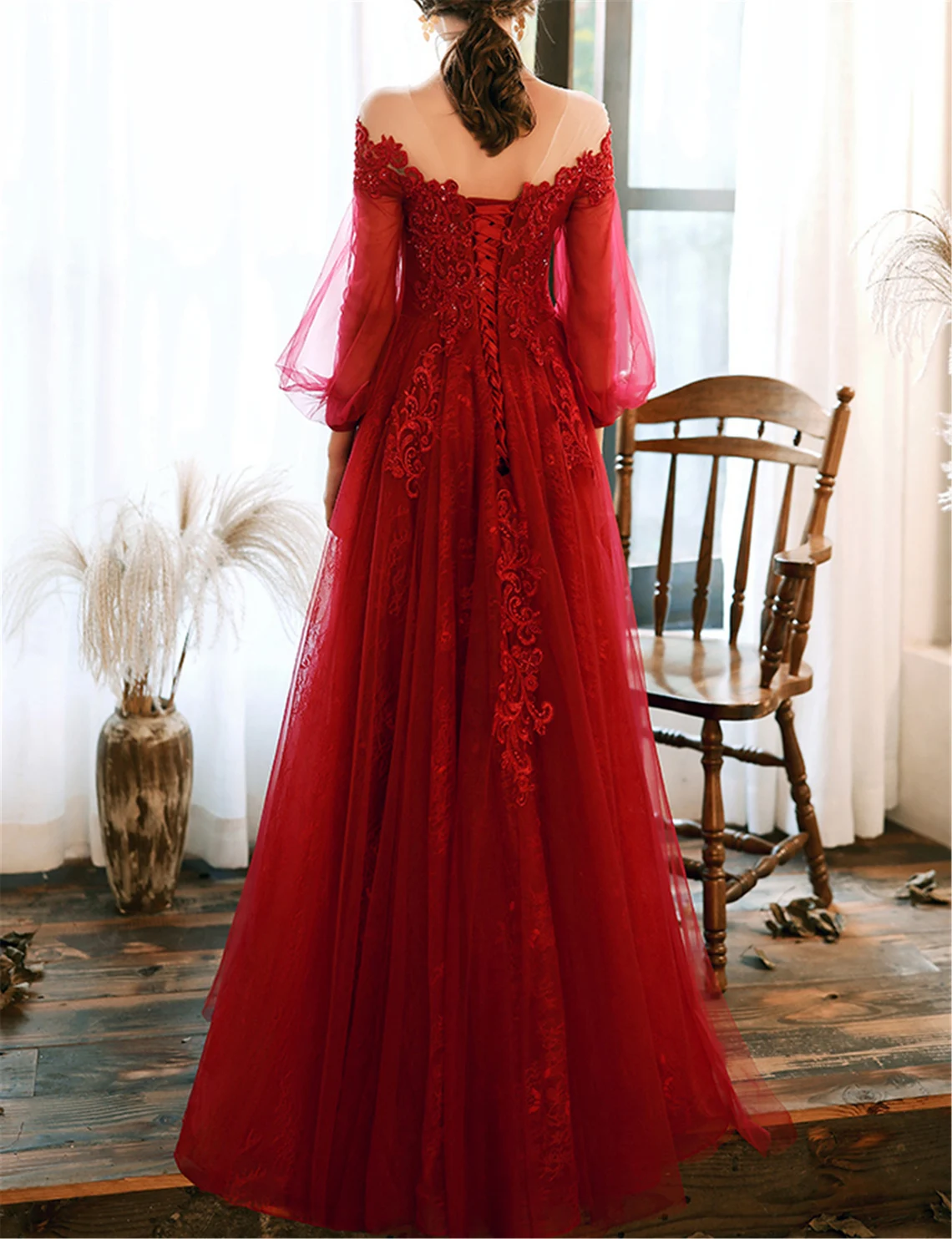 Vestido de fiesta rojo vino Vestido de noche de encaje Vestido de fiesta 