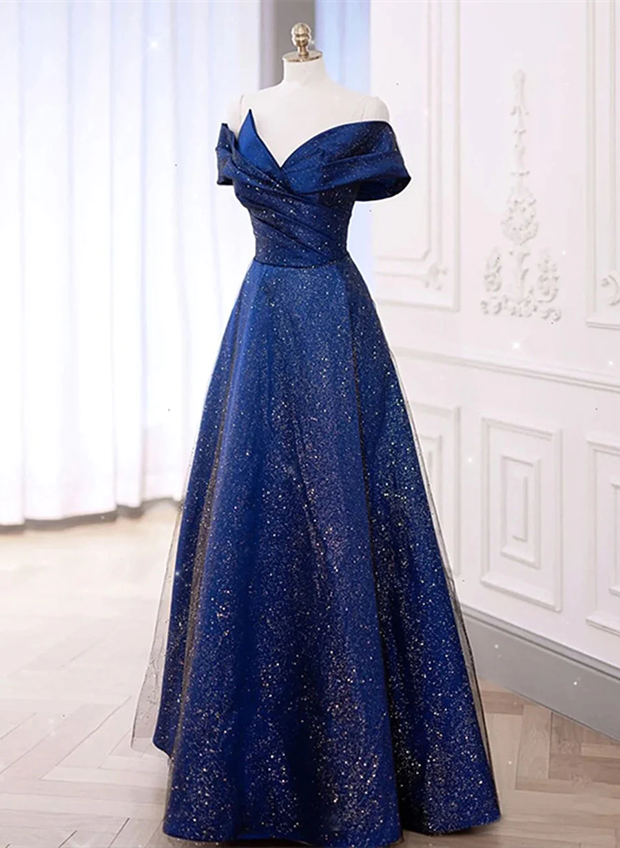 Vestido formal largo de satén azul con corte A para fiesta 