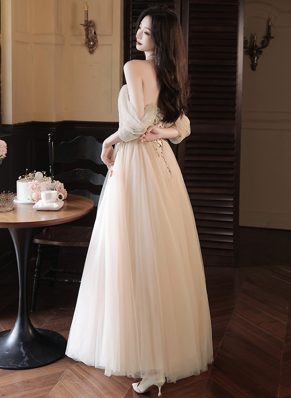 Light Champagne A-line Off Shoulder Party Dress