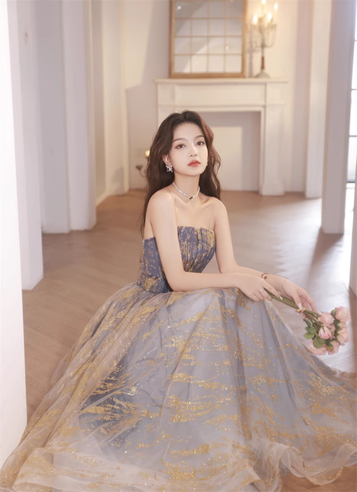 A-line Blue Gradient Tulle Long Party Dress