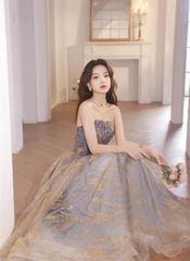 A-line Blue Gradient Tulle Long Party Dress
