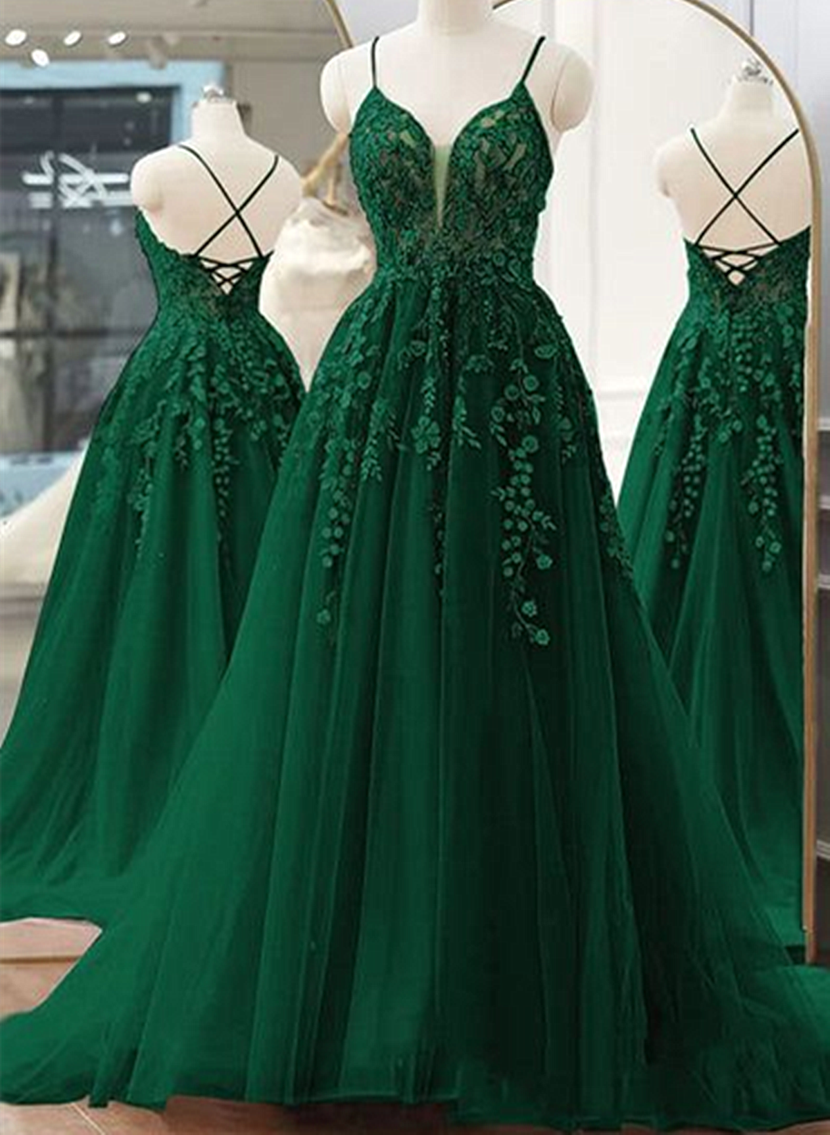 Vestido de fiesta verde oscuro de tul y encaje con escote en V y corte A 