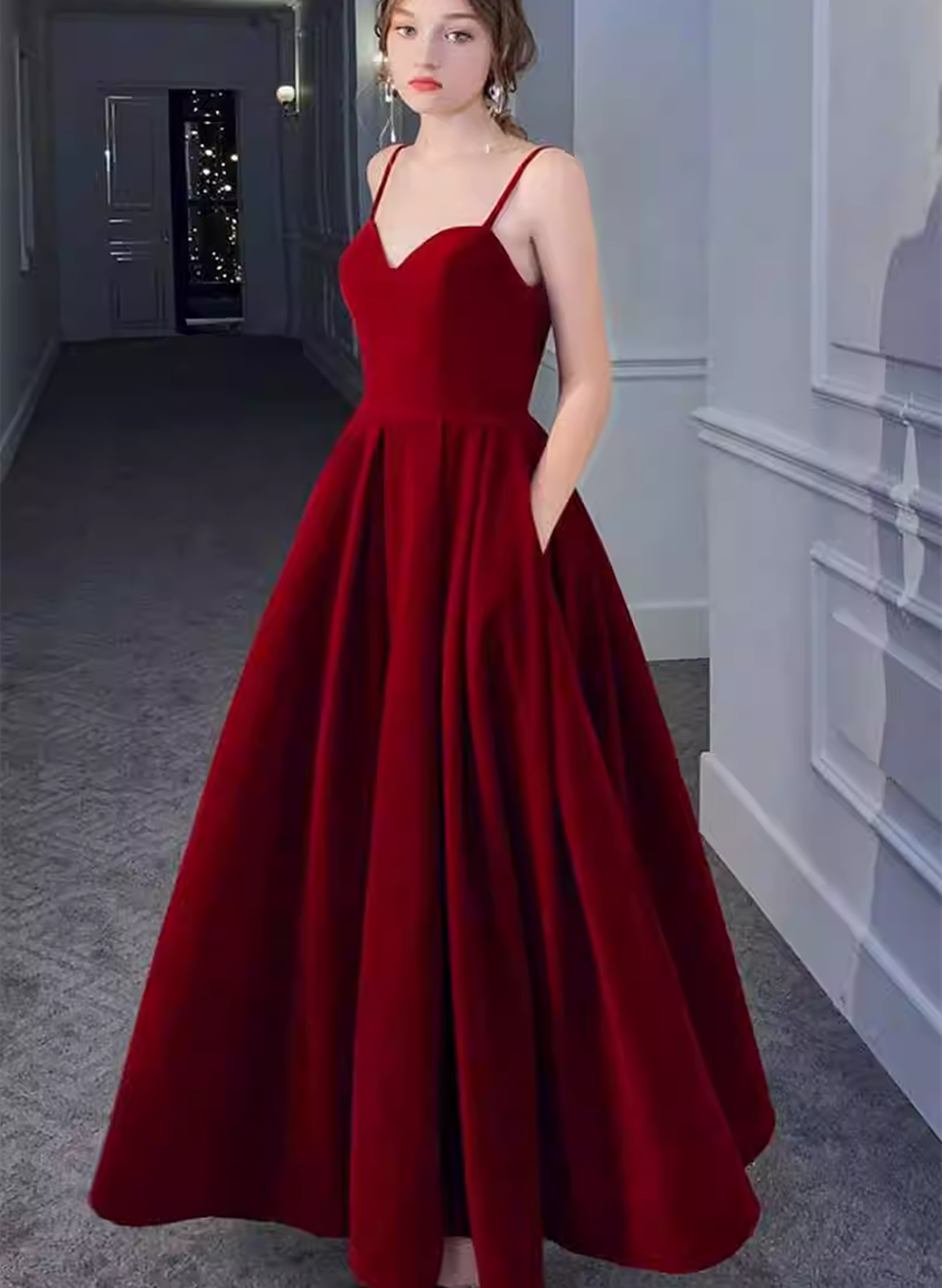 Wine Red Velvet Long Formal Dress Party Dress