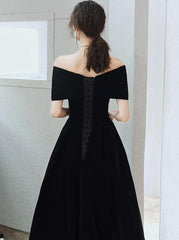 Black Velvet Tea Length Off Shoulder Party Dress