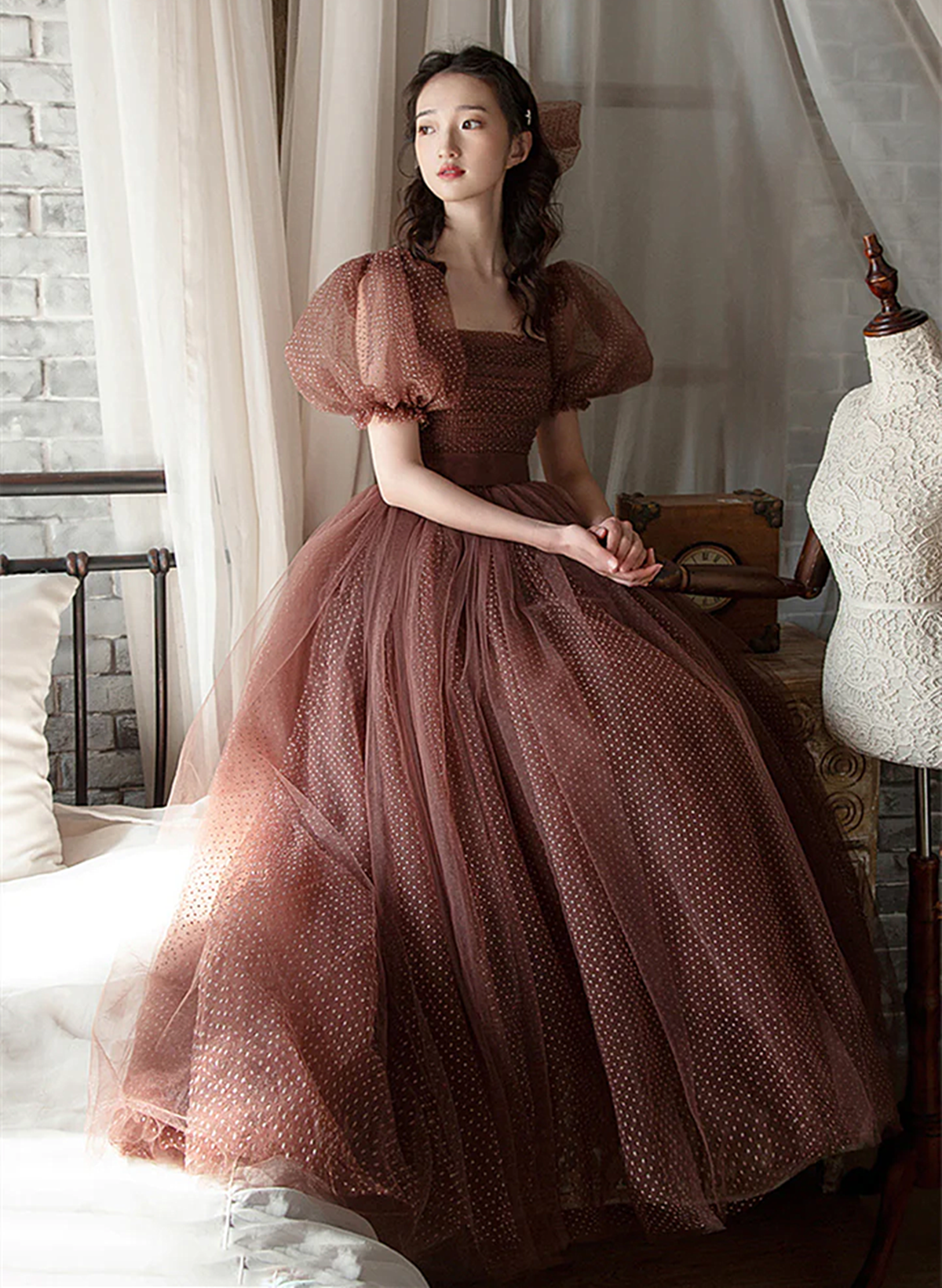 Lovely Tulle Puffy Sleeves Homecoming Dress Graduation Dress