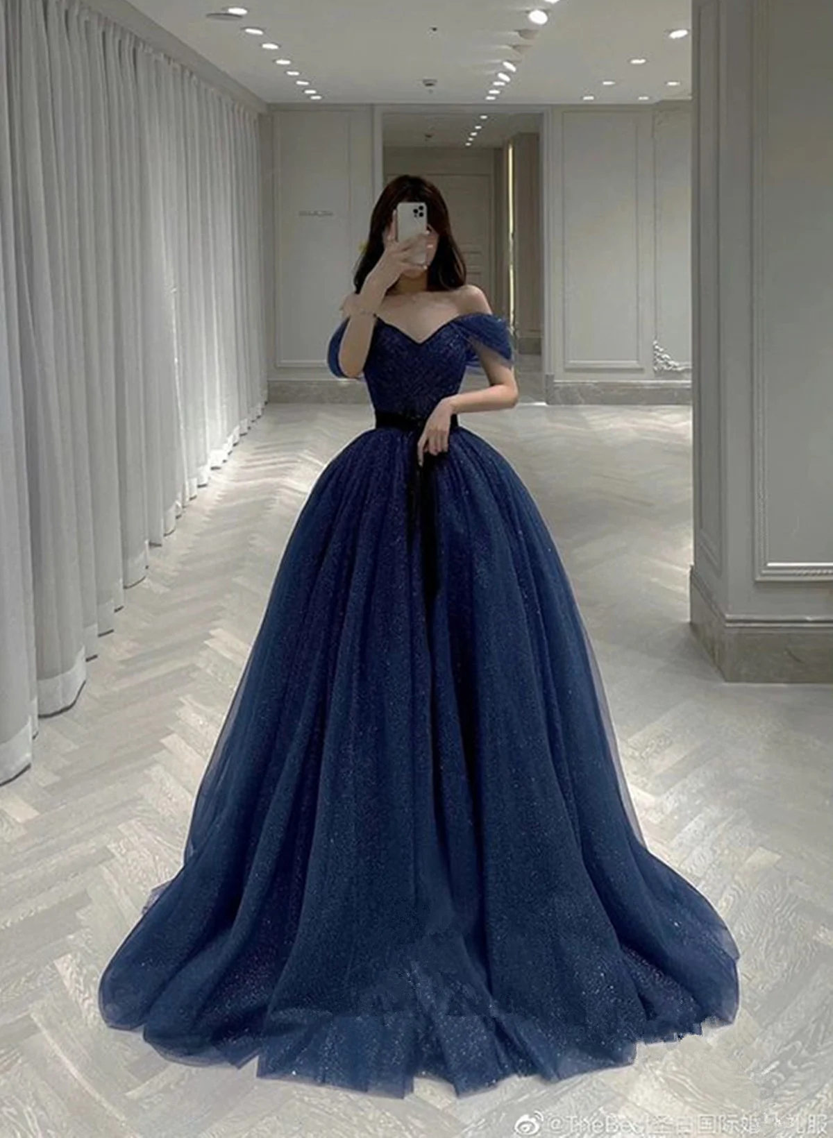 A-line Sweetheart Tulle Navy Blue Shiny Tulle Party Dress