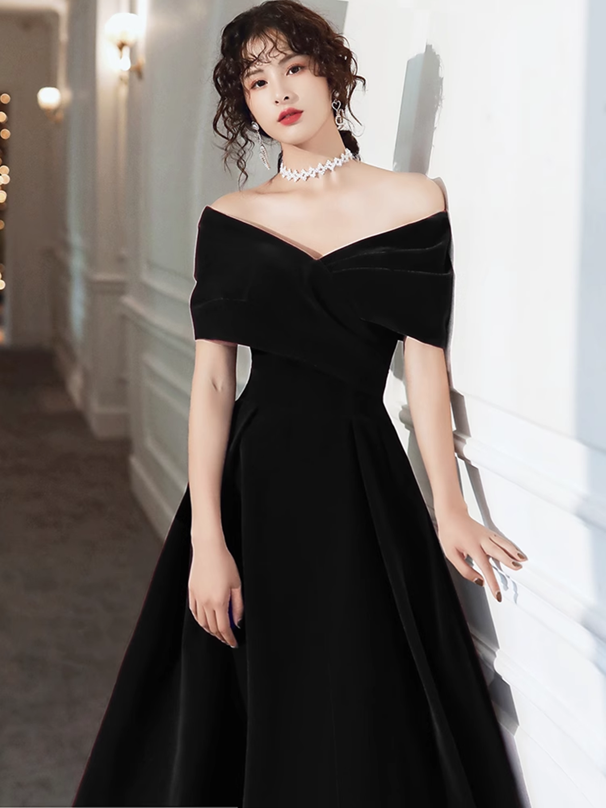 Black Velvet Tea Length Off Shoulder Party Dress