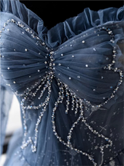 Blue Long Sleeves Sweetheart Beaded Tulle Formal Dress