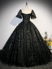 Vestido de noche largo de manga corta con encaje negro 