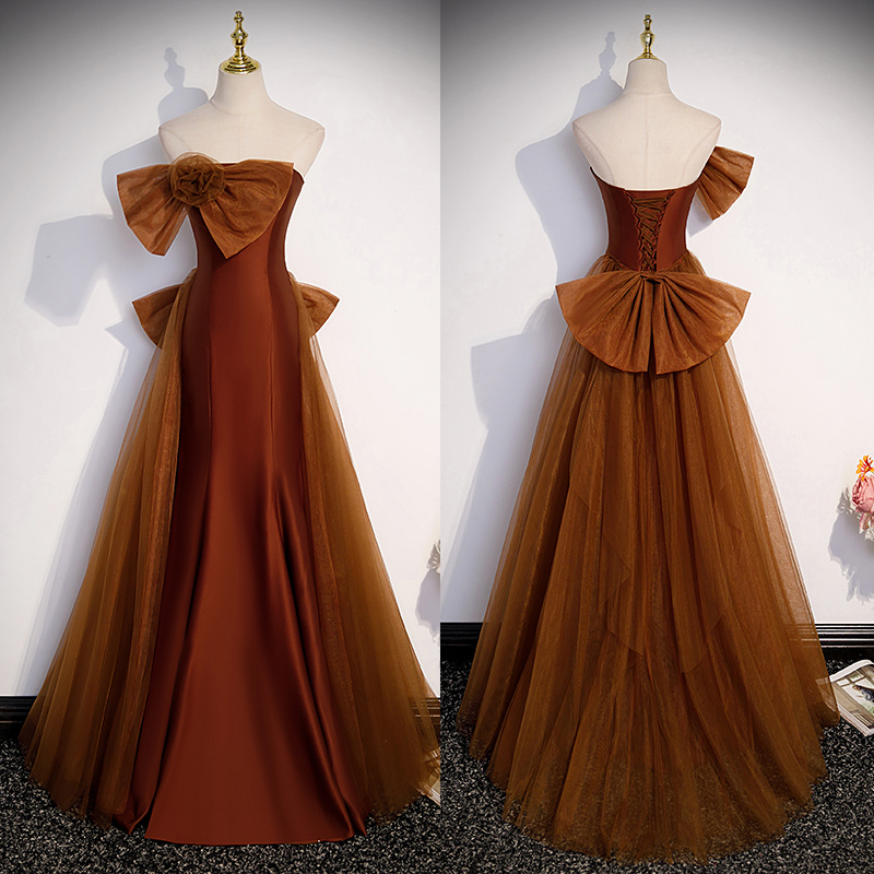 Brown Tulle and Satin Mermaid Long Party Dress