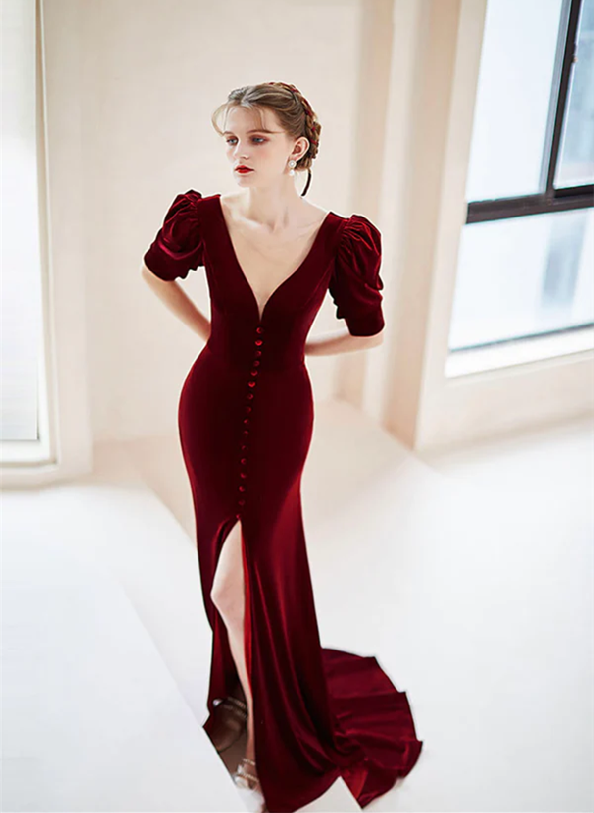 Wine Red Velvet V-neckline Long Evening Dress