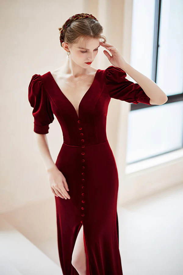 Wine Red Velvet V-neckline Long Evening Dress