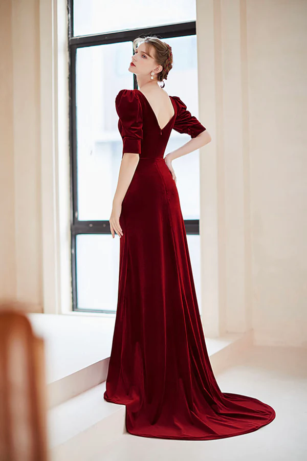 Wine Red Velvet V-neckline Long Evening Dress