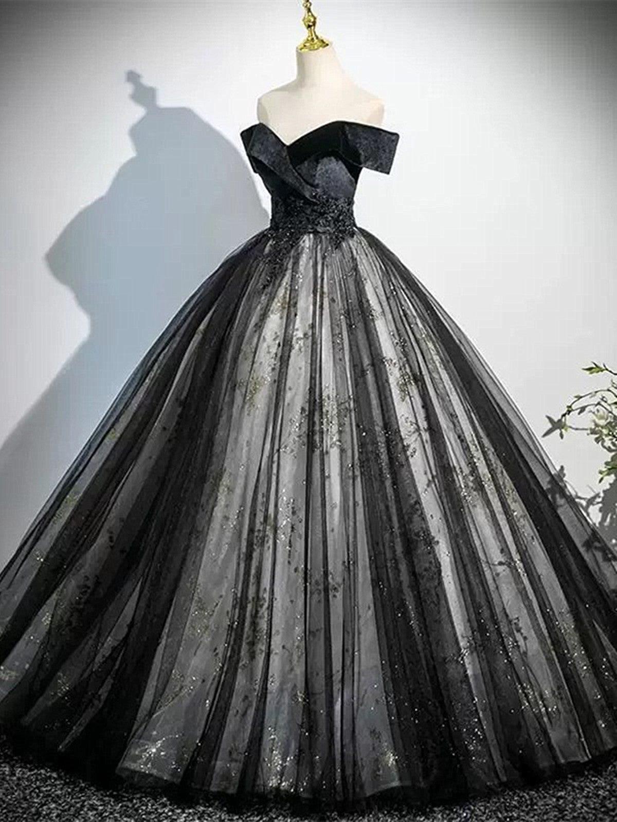 Black Tulle with Lace Off Shoulder Party Dress