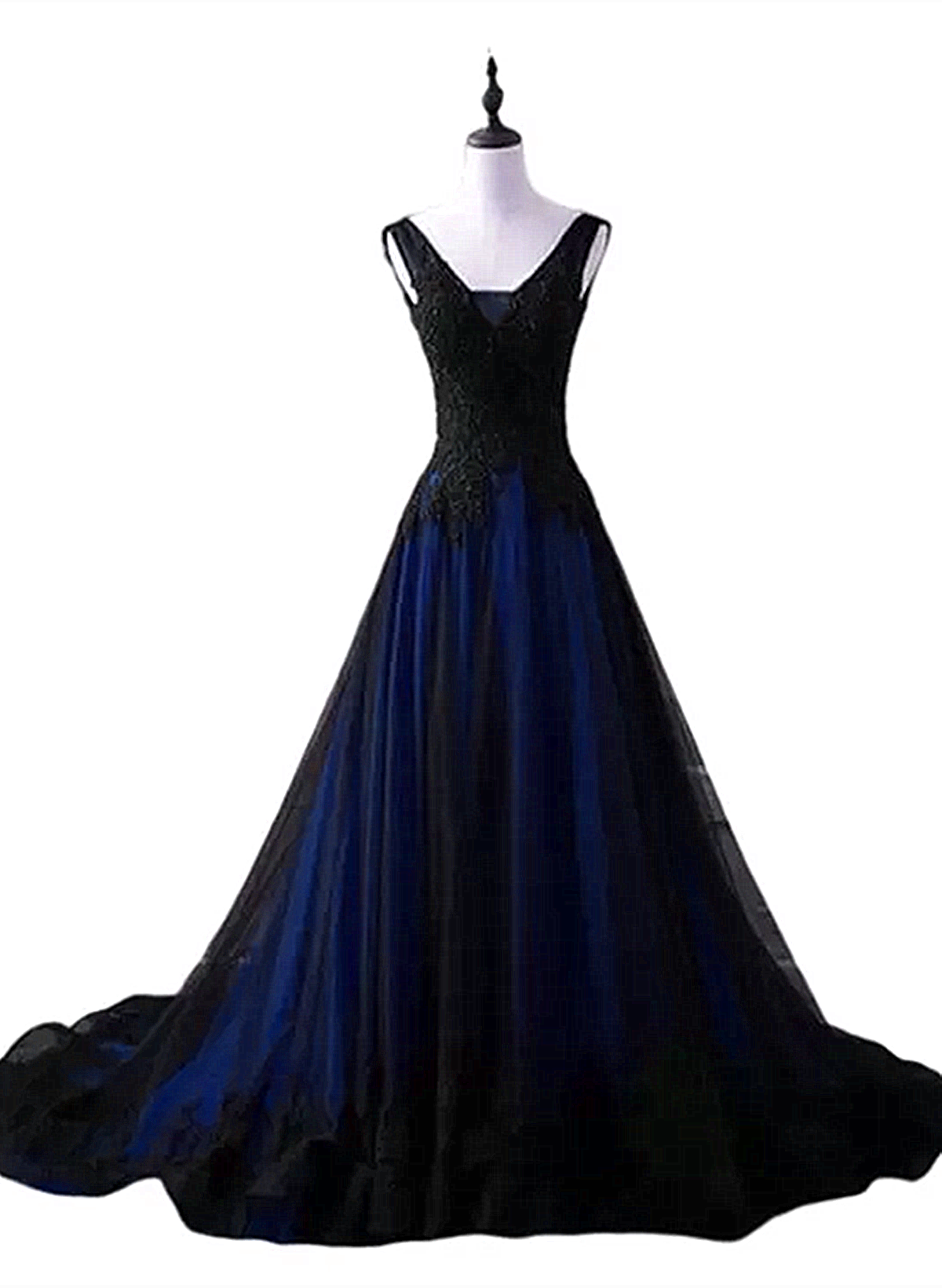 Black and Blue V-neckline Lace Applique Long Formal Dress
