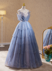Vestido formal largo de tul azul claro con cuentas 