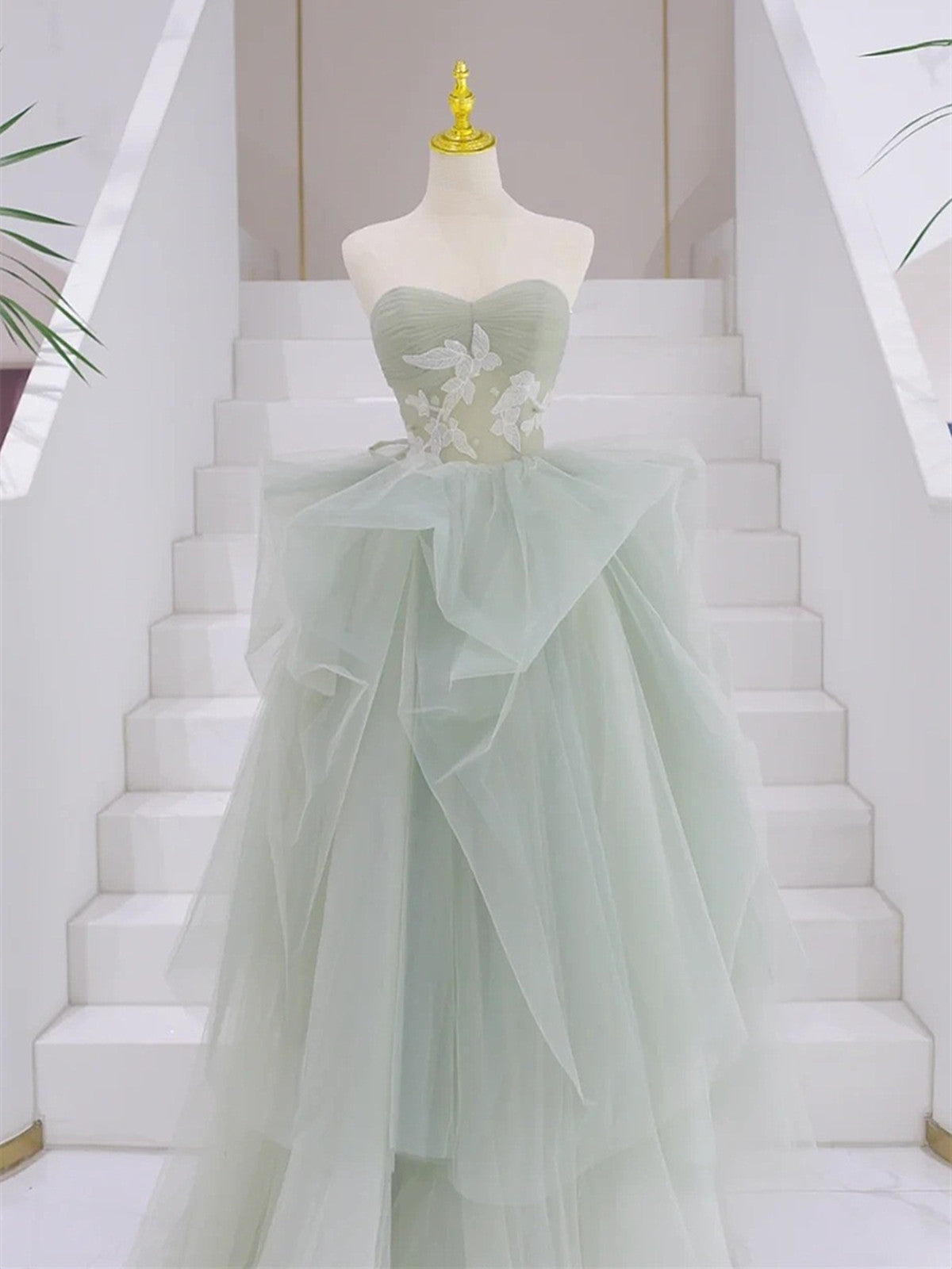 Vestido de fiesta largo de tul con escote en forma de A, color verde claro 