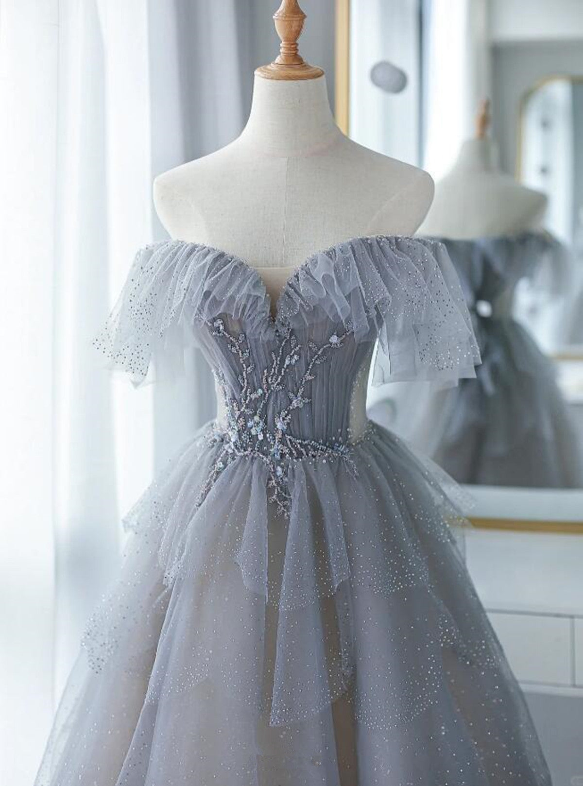 Chic Grey Beaded Layers Tulle Long Formal Dress