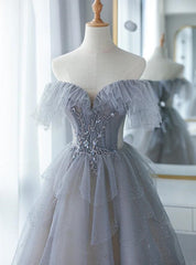 Chic Grey Beaded Layers Tulle Long Formal Dress